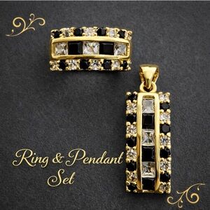 Gold Tone Ring & Pendant Set | Black & Clear Crystal | Size 6 Statement Set
